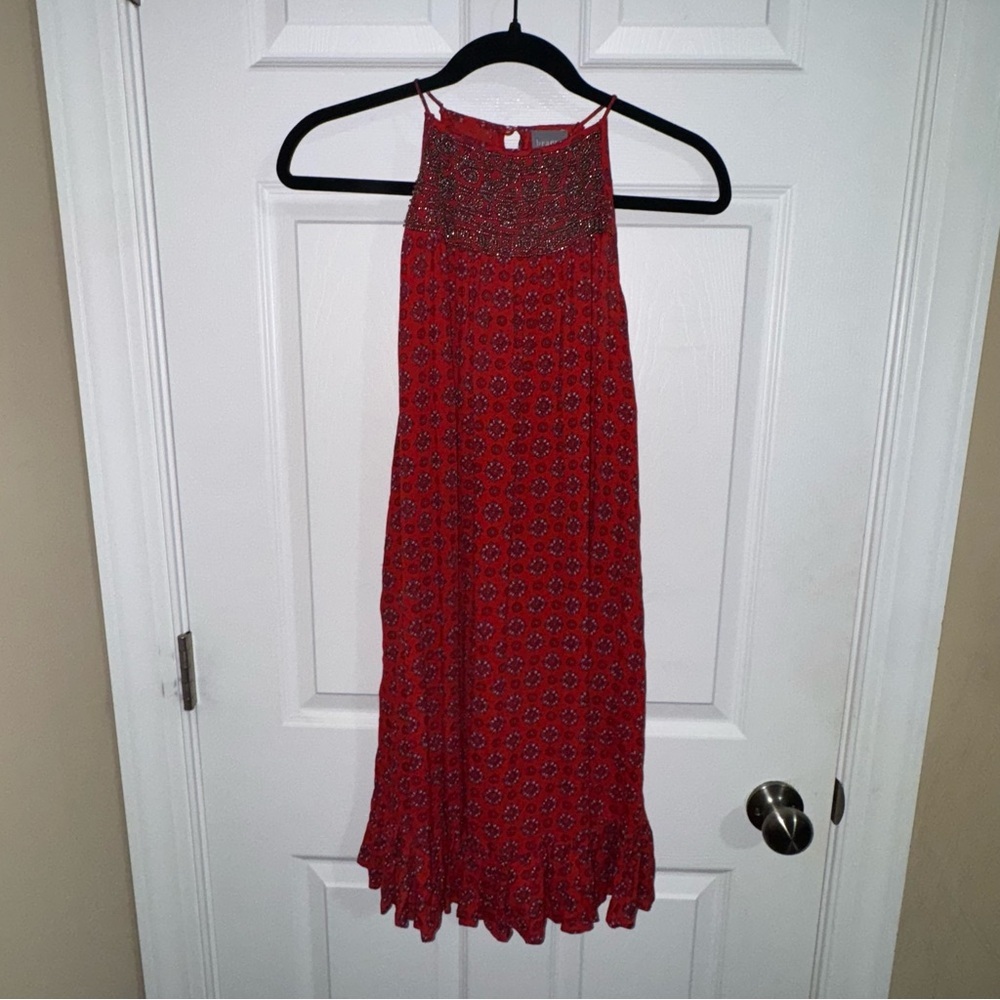 Braeve Red Medallion Print Beaded Halter Mini Dress Womens Small Boho Ruffle Hem